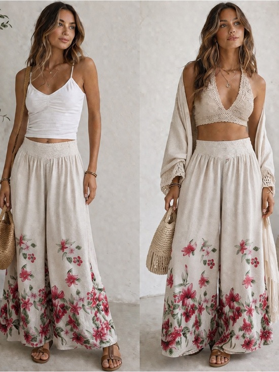 Venti6 Pants - Wide-Leg Floral Border Linen Pants in Cream with Pink Floral